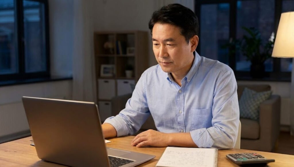 40대 후반의 한국 직장인이 조용한 공간에서 노트와 계산기를 보며 인생 후반전을 위한 재정 준비를 하고 있는 모습
