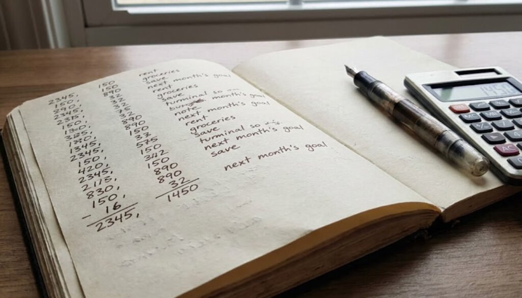 손글씨로 숫자와 메모가 적힌 노트와 계산기가 책상 위에 놓여 있는 장면으로, 노후 대비를 위한 기록과 계산 과정을 표현한 이미지