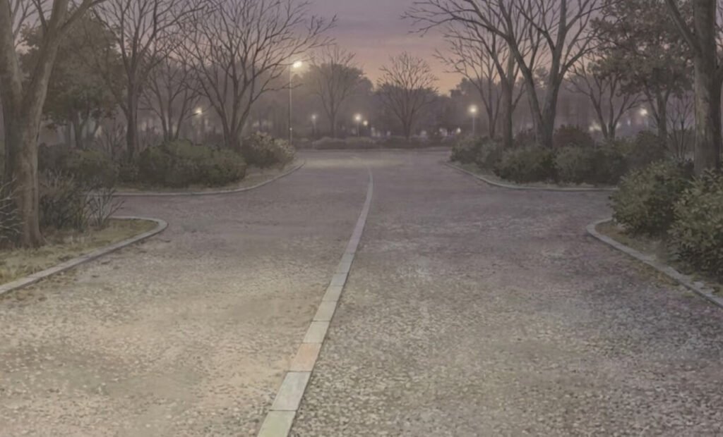 해 질 무렵의 조용한 산책로가 이어지는 모습으로, 인생의 전환점과 후반전을 준비하는 시간을 상징하는 이미지