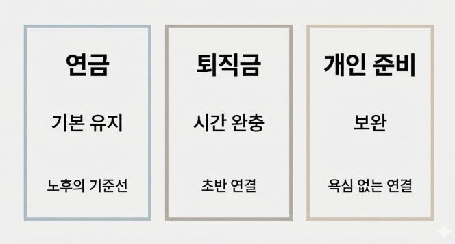 연금, 퇴직금, 개인 준비의 역할을 구분해 보여주는 구조 이미지