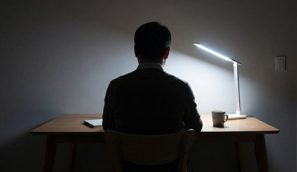 하루를 마무리하며 책상 앞에 앉아 있는 중년 직장인의 뒷모습