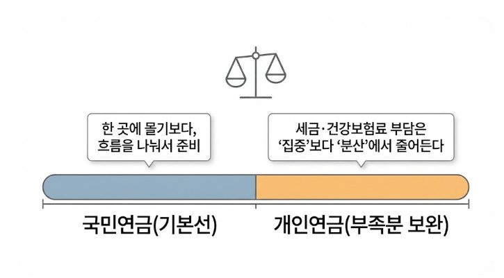 국민연금은 기본선까지, 개인연금은 부족분을 분산해 보완하는 구조를 보여주는 개념도