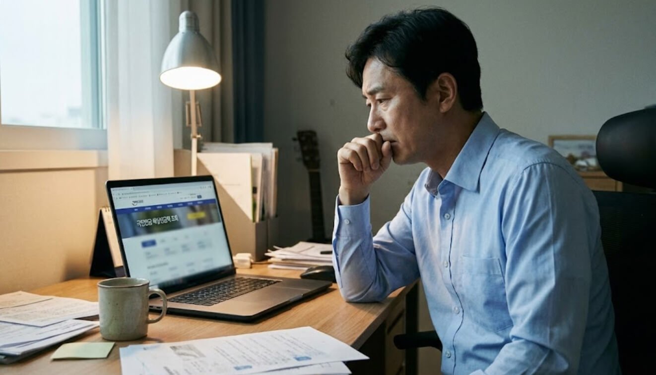 국민연금 예상금액을 확인하며 조용히 생각에 잠긴 40대 후반 한국 직장인의 모습