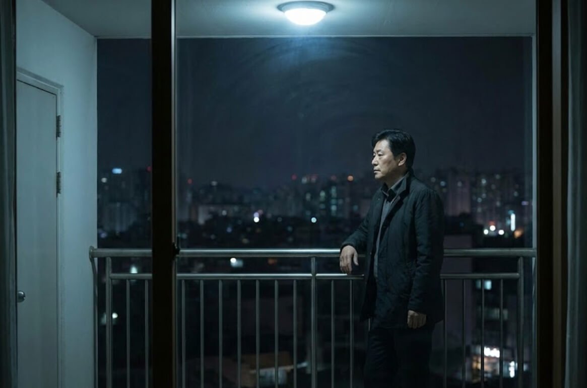 퇴근 후 베란다에서 도시 야경을 바라보는 중년 직장인의 뒷모습