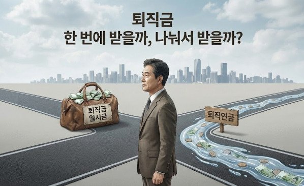 퇴직금 일시금과 퇴직연금 선택의 갈림길에 선 중년 직장인을 표현한 이미지. 한쪽에는 ‘퇴직금 일시금’, 다른 쪽에는 ‘퇴직연금’이 표시되어 있으며 후반전에서의 선택을 상징한다.